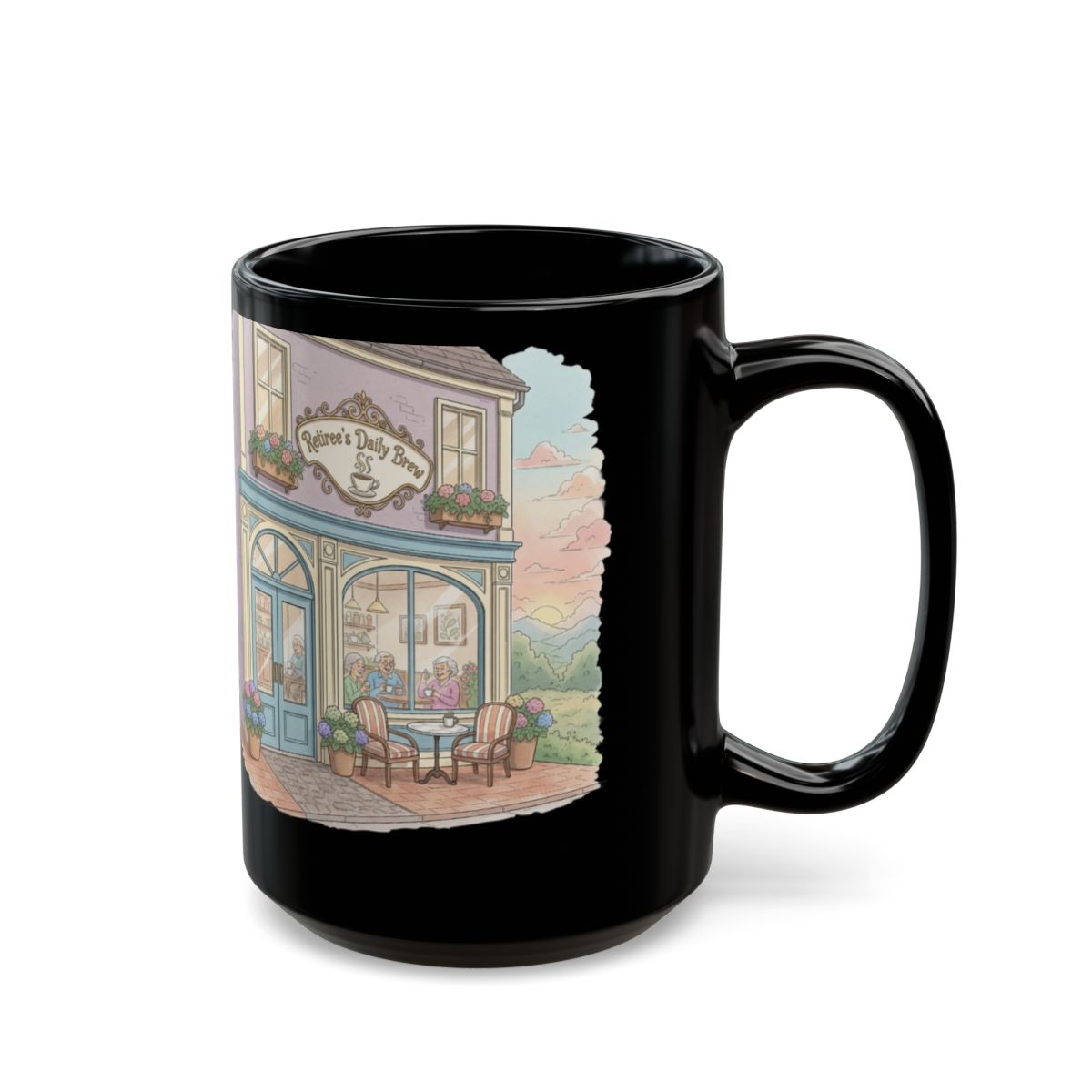 Quaint Coffee Shop Black Ceramic Mug