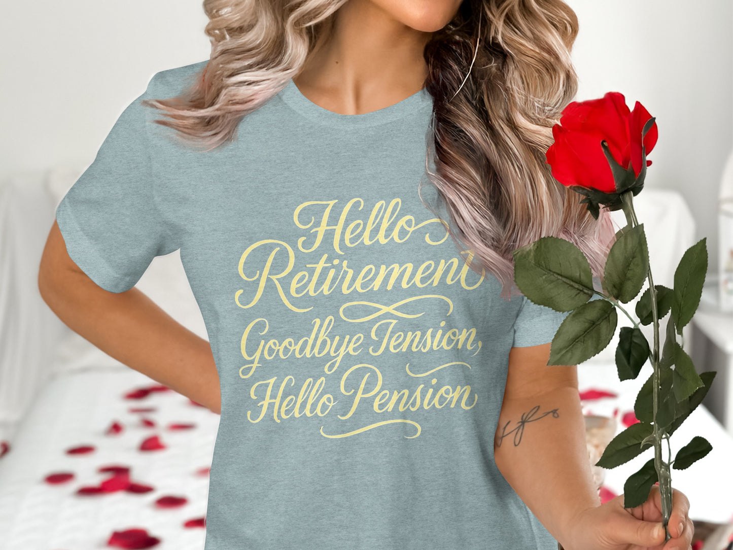 Hello Retirement Goodbye Tension Hello Pension | Celebrate with Soft Color Bella T-Shirts - Retiree Gifts Retirement Party
