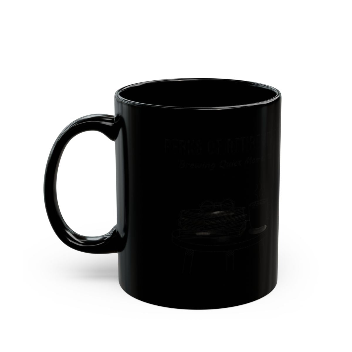 Black coffee mug with unique printed design