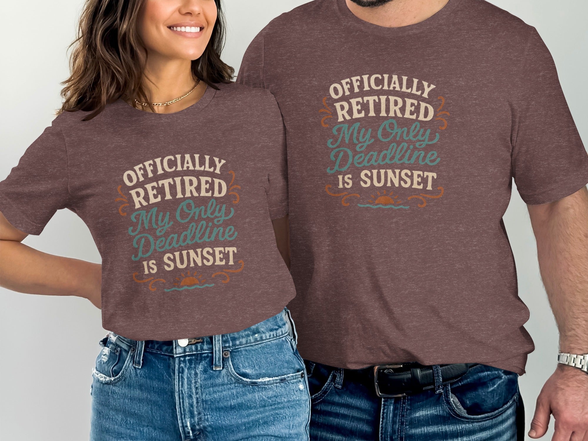 Officially Retired My Only Deadline Is Sunset | Dark Heaterh Color Bella T-Shirts - Retiree Gifts Retirement Party