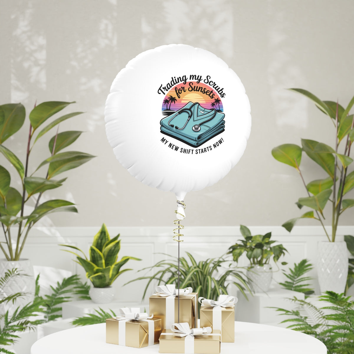 Trading my Scrubs for Sunsets 22in or 11in Mylar Ballons - Retiree Gifts Retirement Party