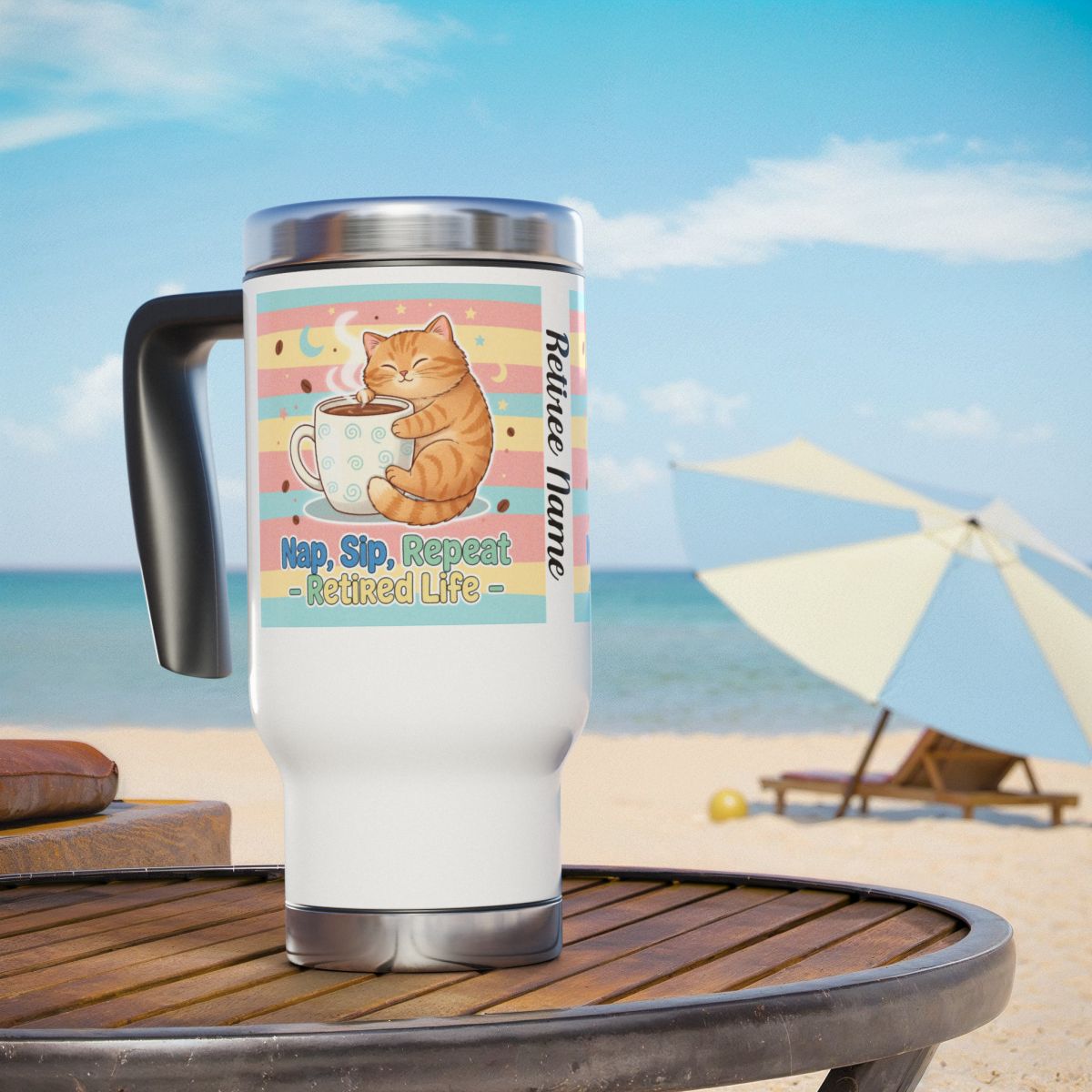 Personalized Nap Sip Repeat Cat Beach Travel Mug