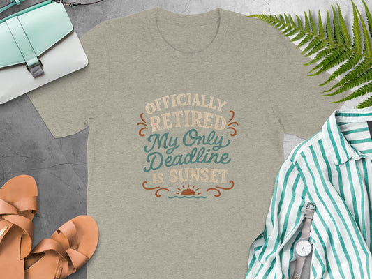 Officially Retired Deadline Sunset | Retirement Gifts | Soft Color Bella T-Shirts - Retiree Gifts Retirement Party