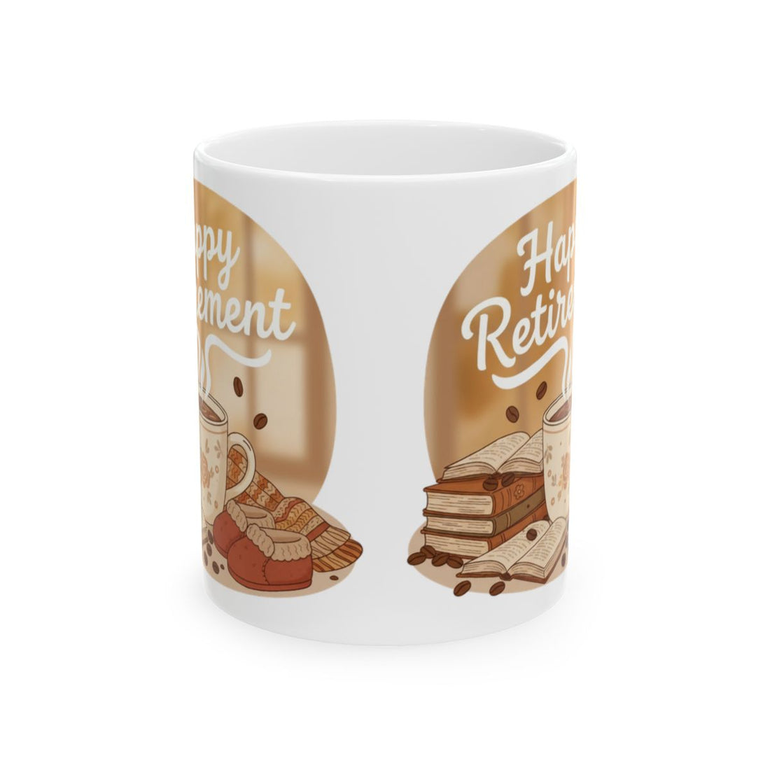 Happy Retirement Coffee Mug with Books and Coffee Design