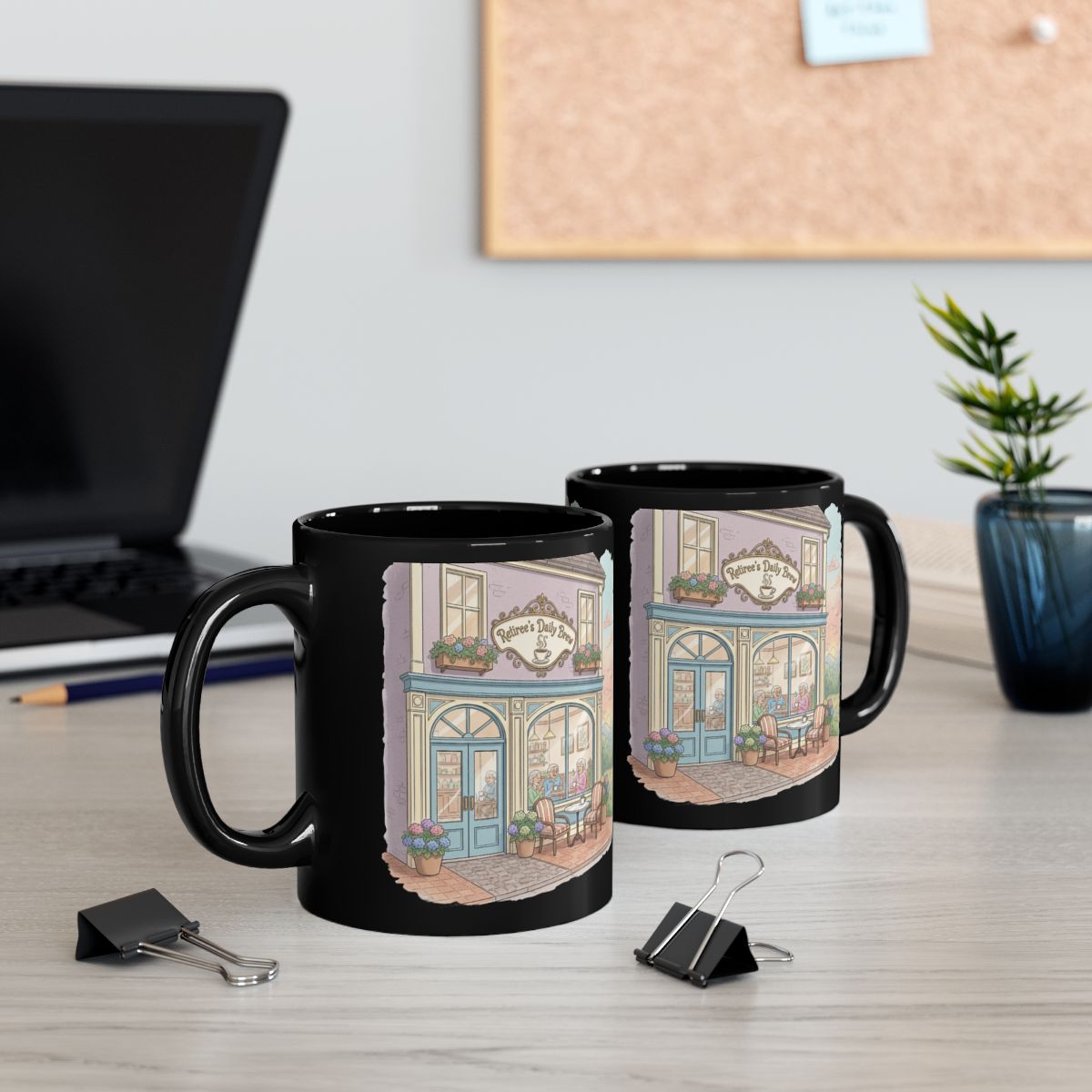 Charming Cafe Design on Black Ceramic Mug