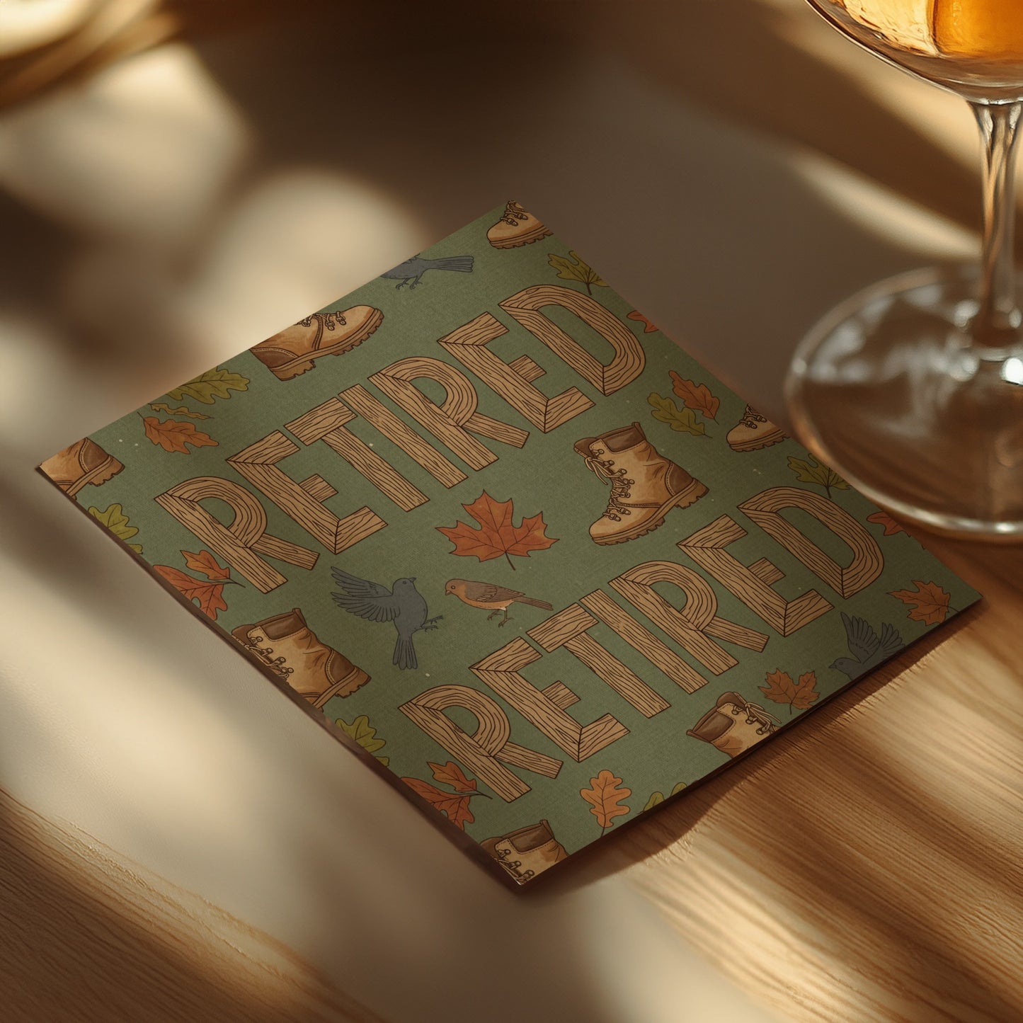 Retired Themed Greeting Card with Boots and Leaves