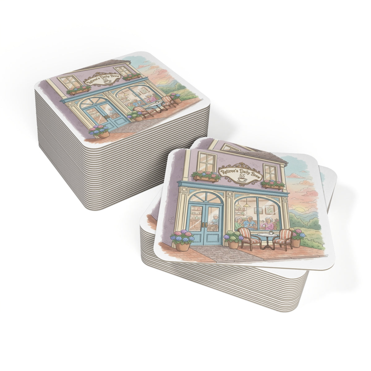 Set of Colorful Illustrated Shopfront Drink Coasters