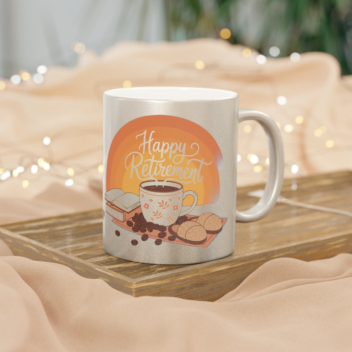 Happy Retirement Mug with Coffee and Books Scene