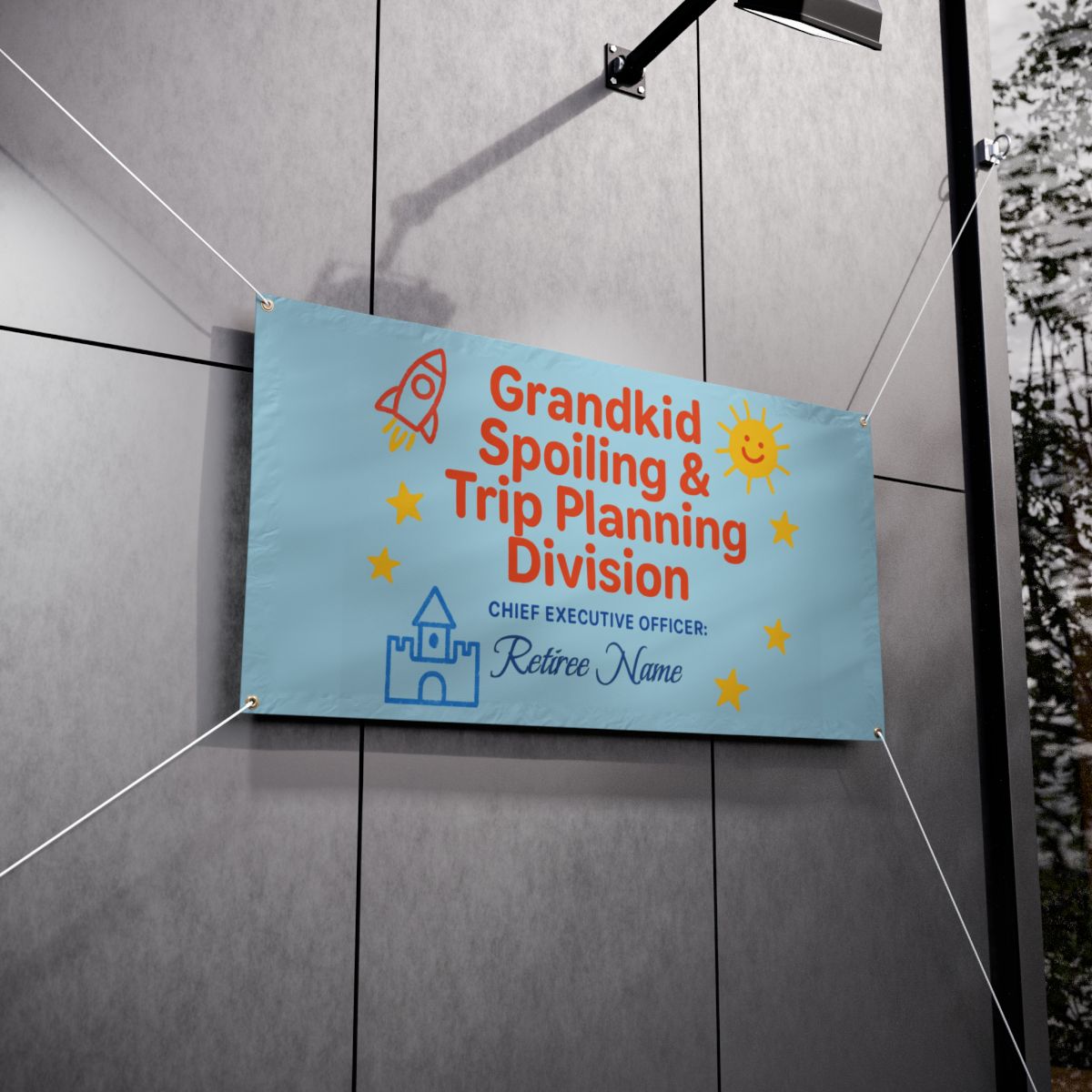 Grandkid Spoiling Trip Planning Retiree Name Large Vinyl Banner or Yard Sign - Retiree Gifts Retirement Party