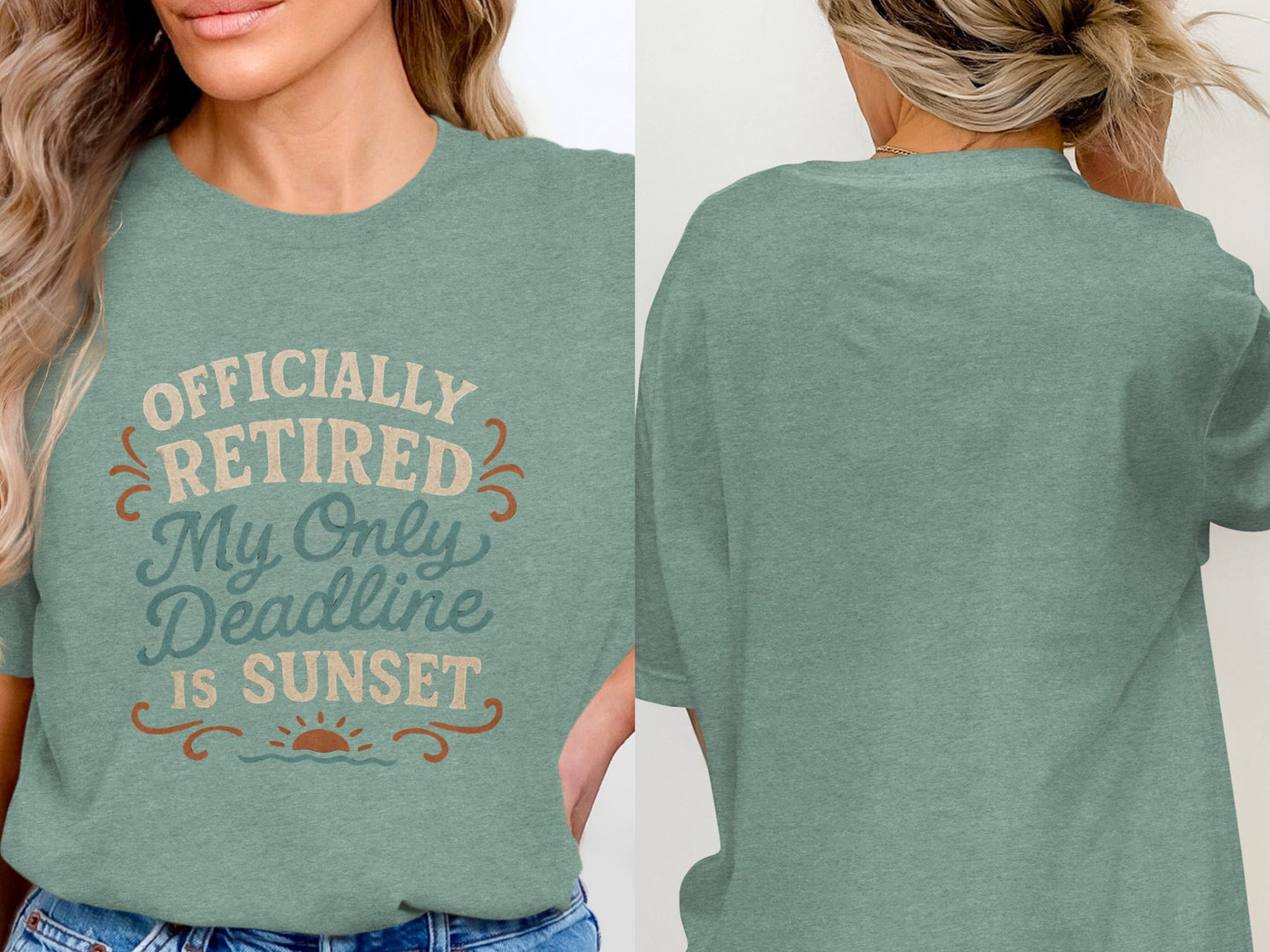 Officially Retired Deadline Sunset | Retirement Gifts | Soft Color Bella T-Shirts - Retiree Gifts Retirement Party