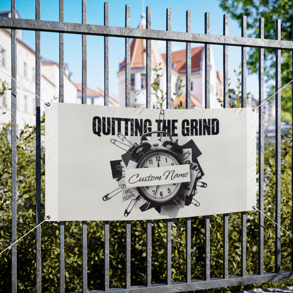 Quitting The Grind Clock with Pins on Paper Vinyl Banner or Yard Sign - Retiree Gifts Retirement Party