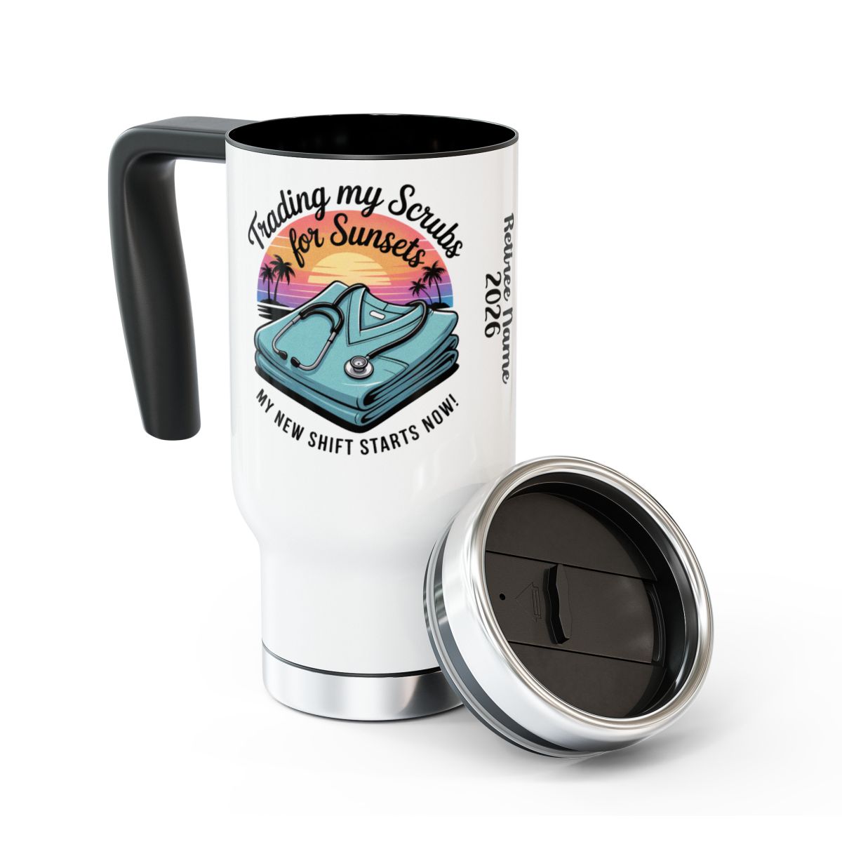 Personalized Retirement Travel Mug (Tumbler) – “Trading My Scrubs For Sunset Retiree” - Retiree Gifts Retirement Party