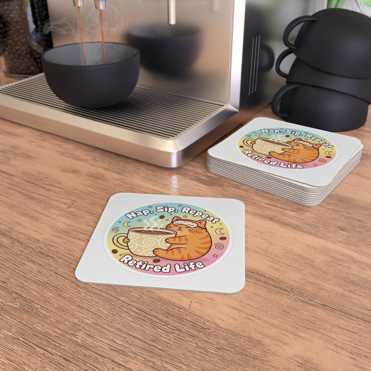 Hap Sip Repeat Retired Life Cat Printed Coaster