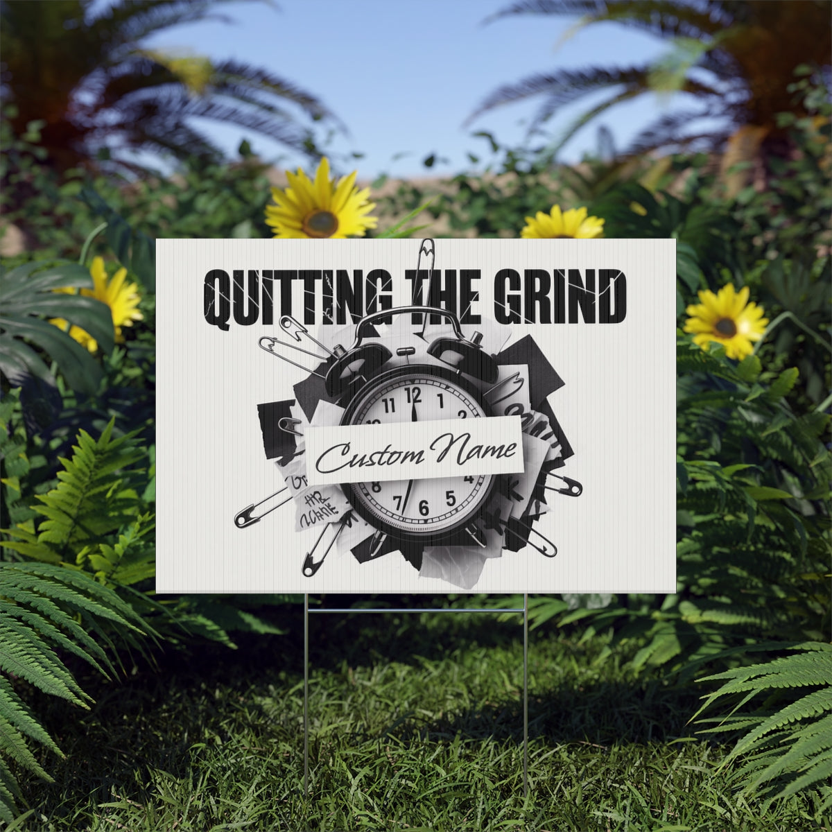 Quitting The Grind Clock with Pins on Paper Vinyl Banner or Yard Sign - Retiree Gifts Retirement Party