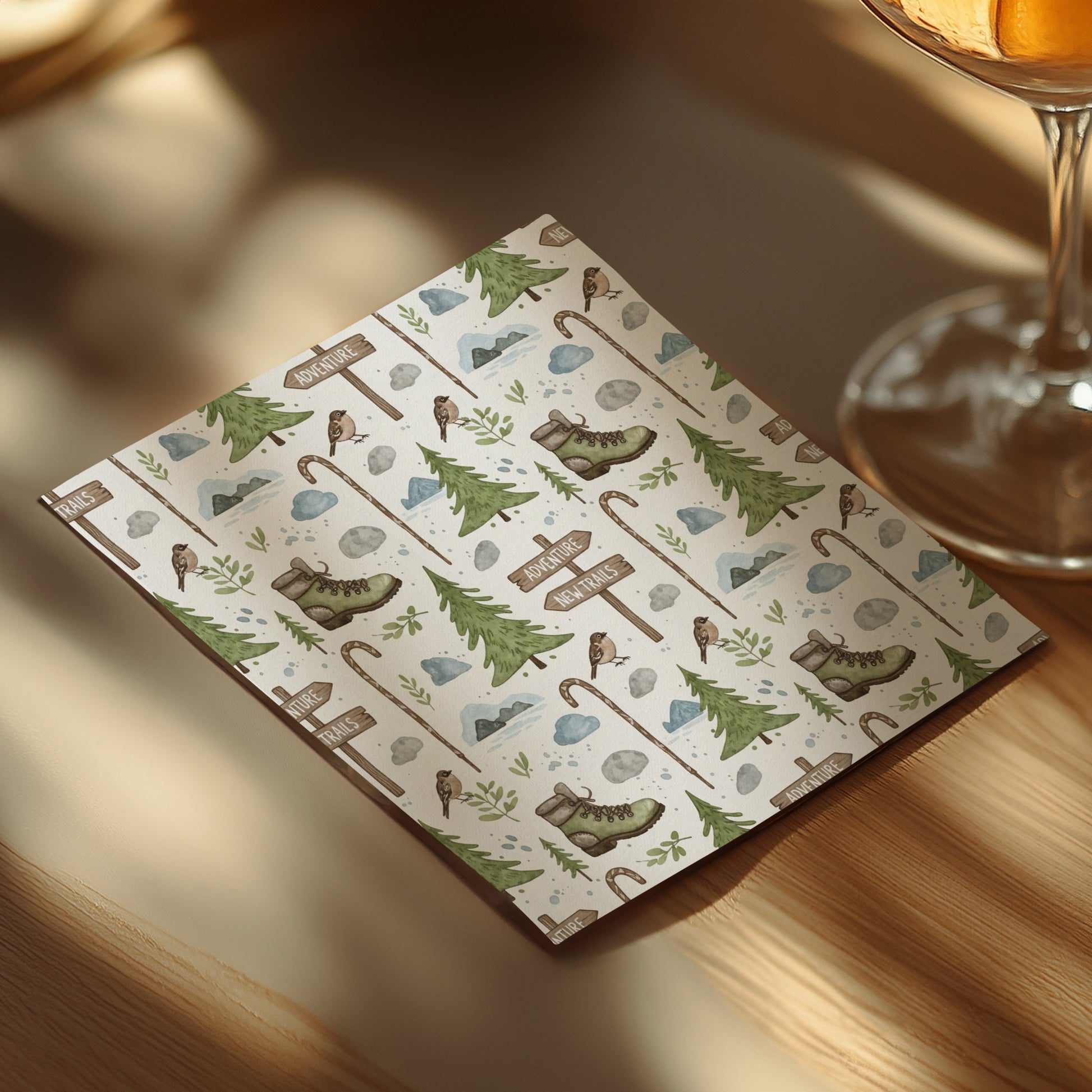 Nature Inspired Design Sheet with Trees Birds Mountains