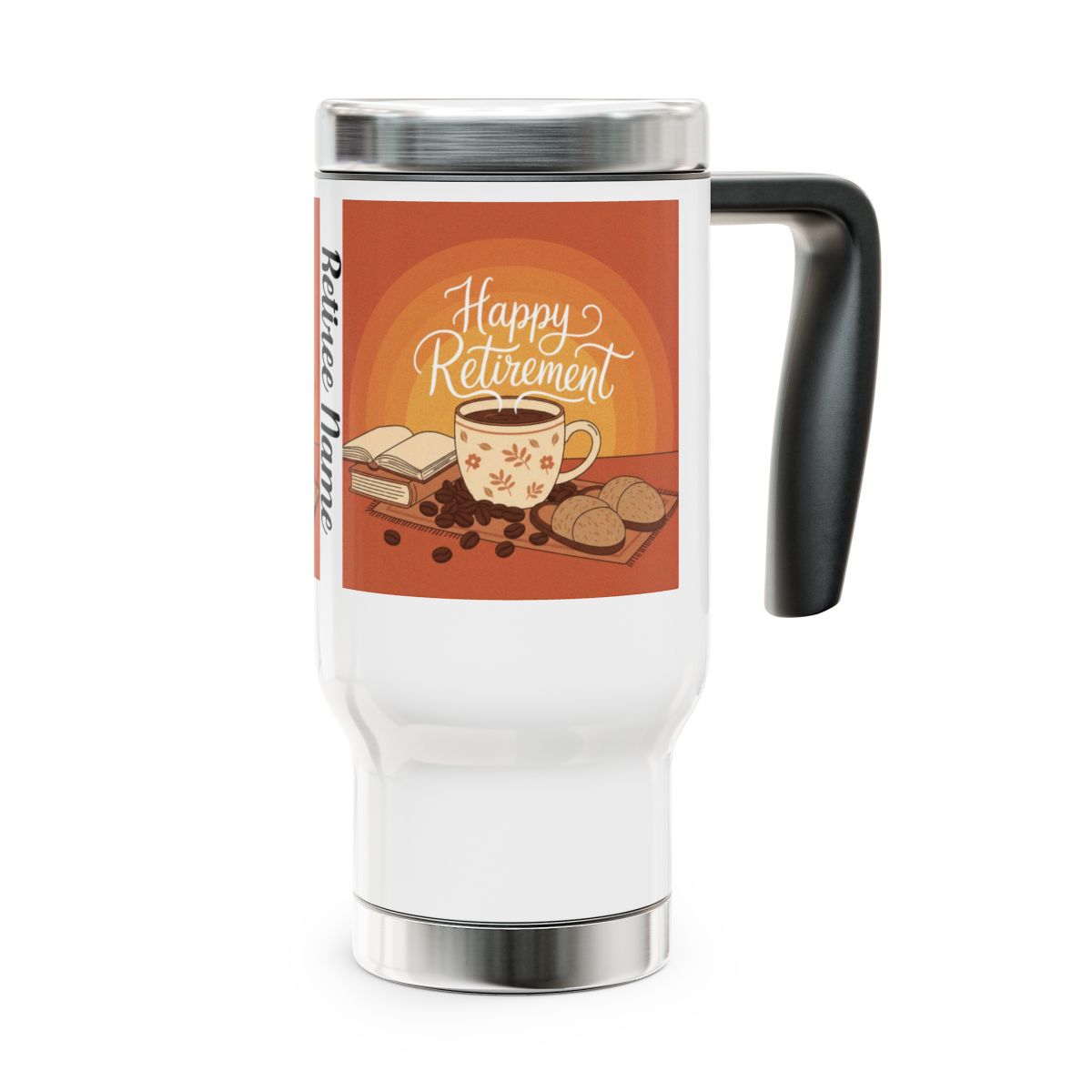 Happy Retirement Travel Mug with Coffee and Book