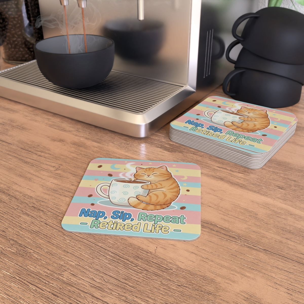 Nap Sip Repeat Retired Life Cat Lover Coasters
