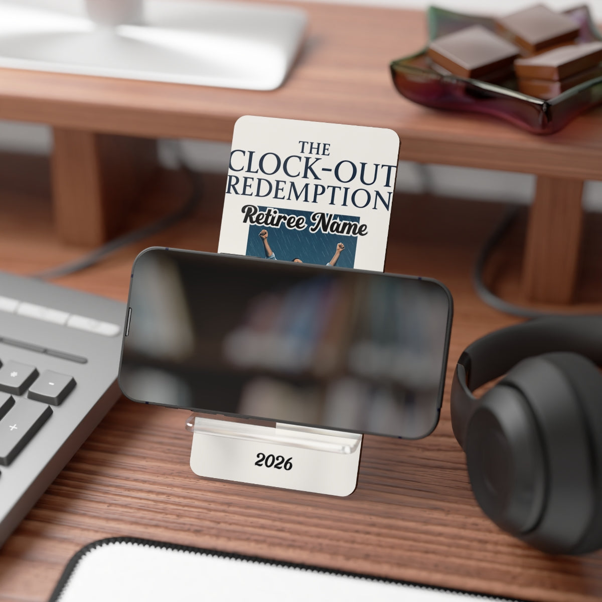 The Clock Out Redemption | Freedom Feels Better Than Fridays | Personalized Mobile Phone Display Stand - Retiree Gifts Retirement Party