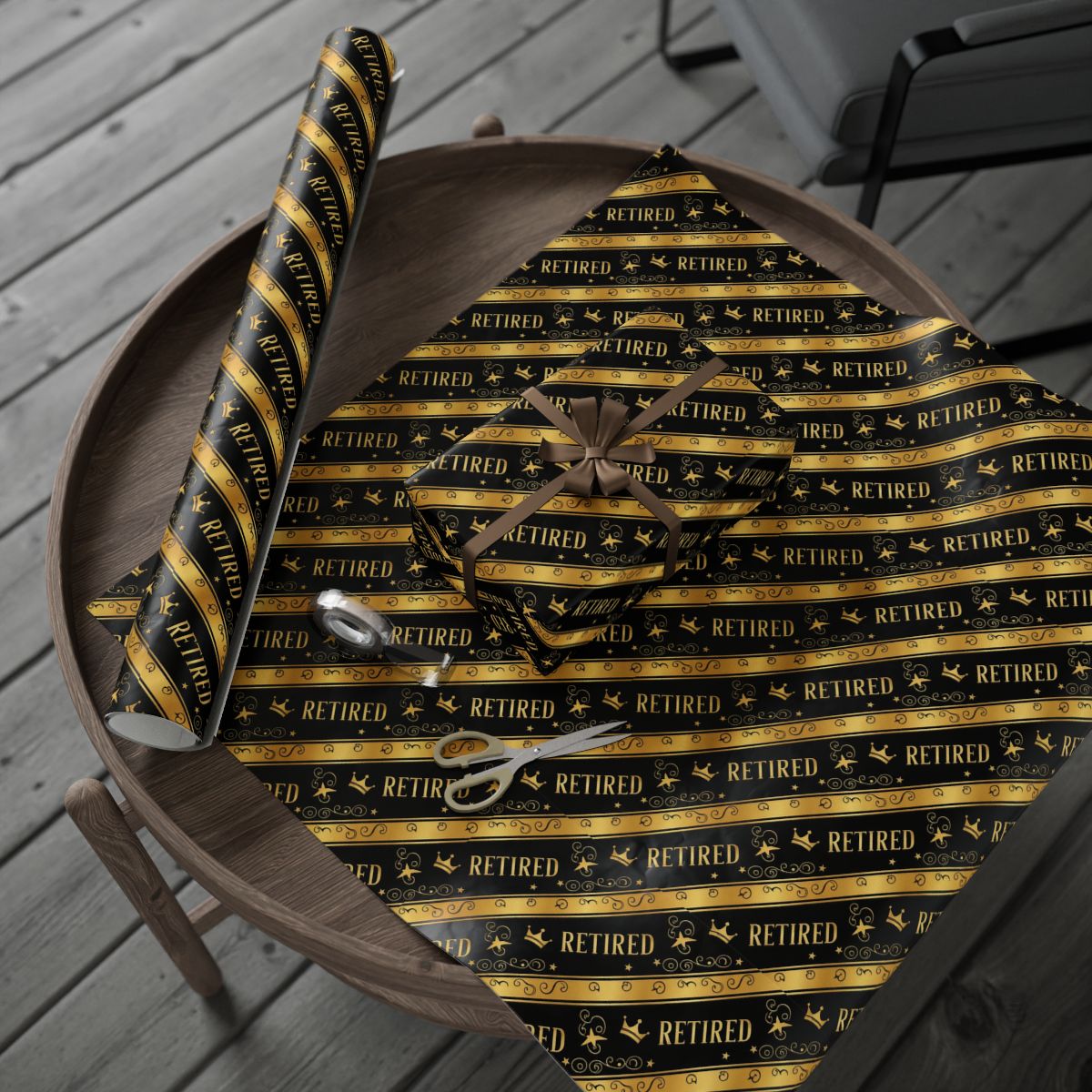 Retired themed gift wrapping paper with gold accents