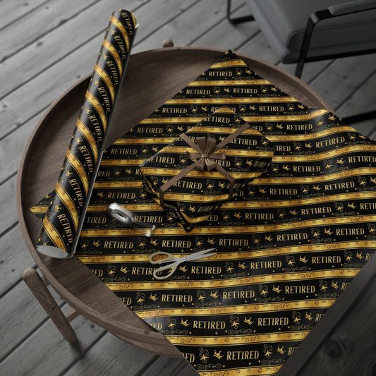 Retired themed gift wrapping paper with gold accents