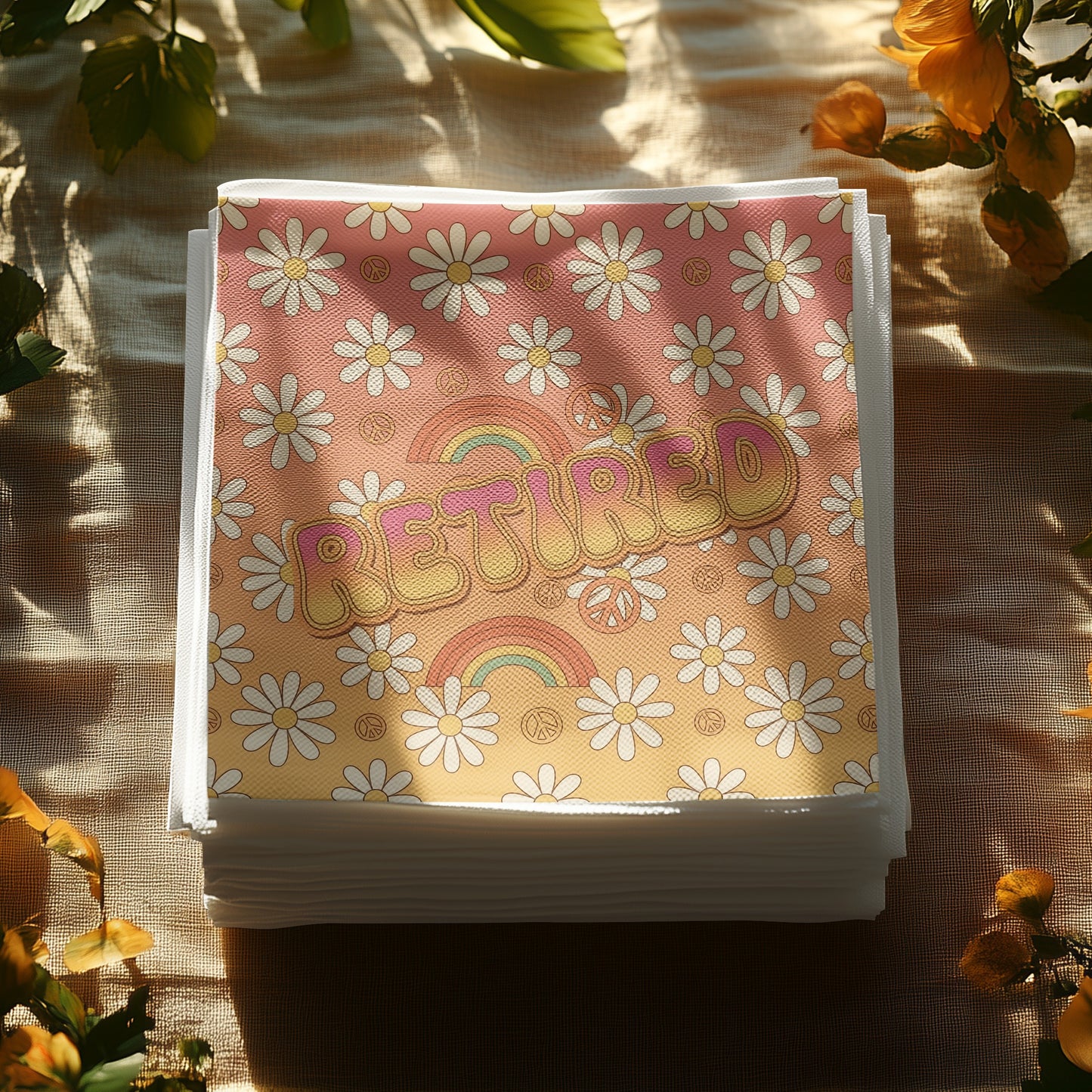 Retro Retired Design with Flowers and Rainbows Print