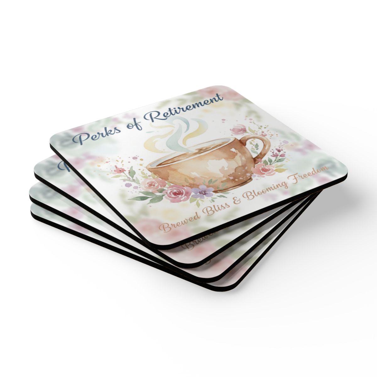Perks of Retirement Brewed Bliss and Blooming Freedom Coasters