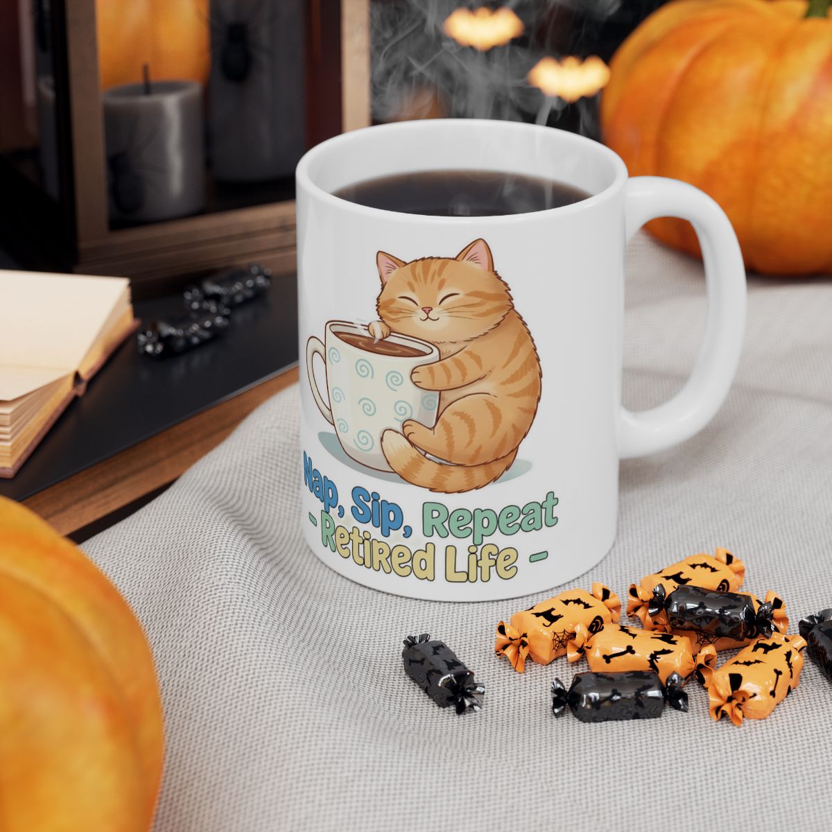 Nap Sip Repeat Retired Life Cat Mug