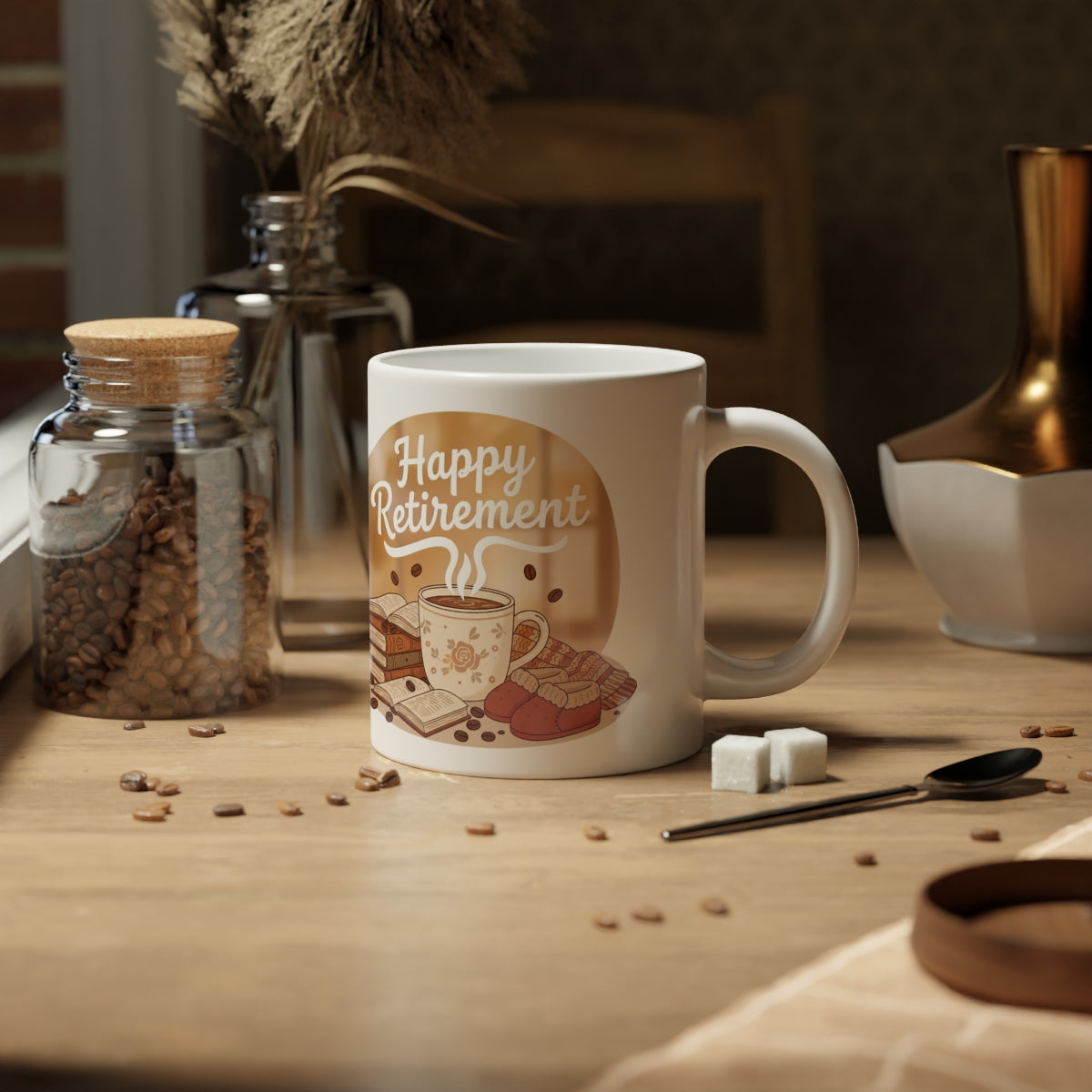 Happy Retirement Coffee Mug with Coffee Beans