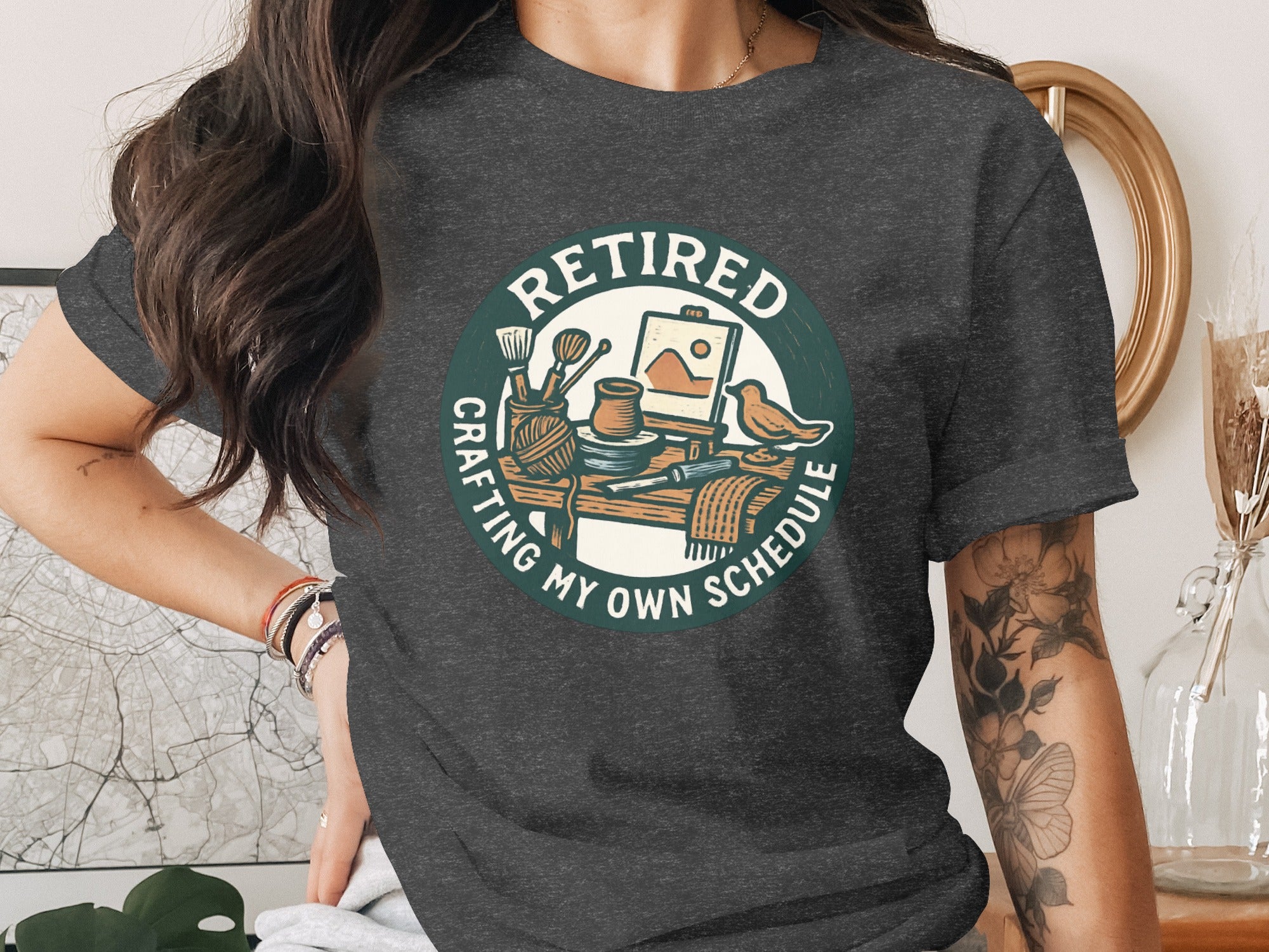 Retired Crafting My Own Schedule | Dark Heather Color Bella T-Shirts - Retiree Gifts Retirement Party