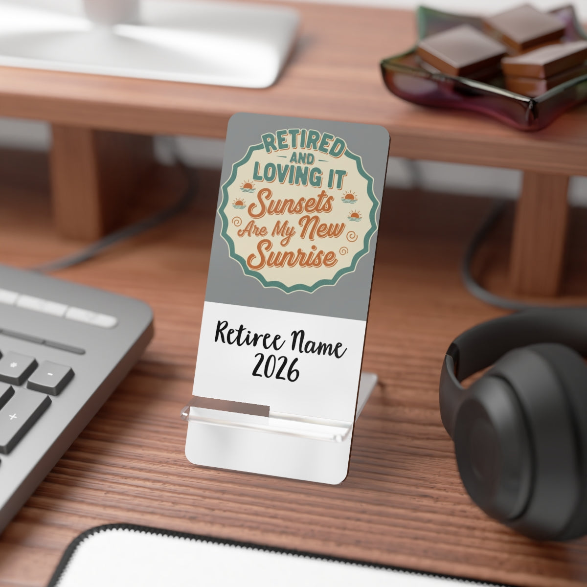 Retired And Loving It Sunsets Are My New Sunrise | Gift | Personalized Retirement Scene Graphic Phone Stand or Phone Charger - Retiree Gifts Retirement Party