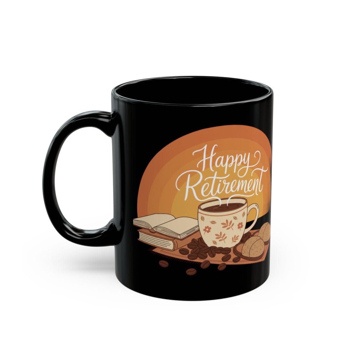 Happy Retirement Mug with Coffee and Book Design