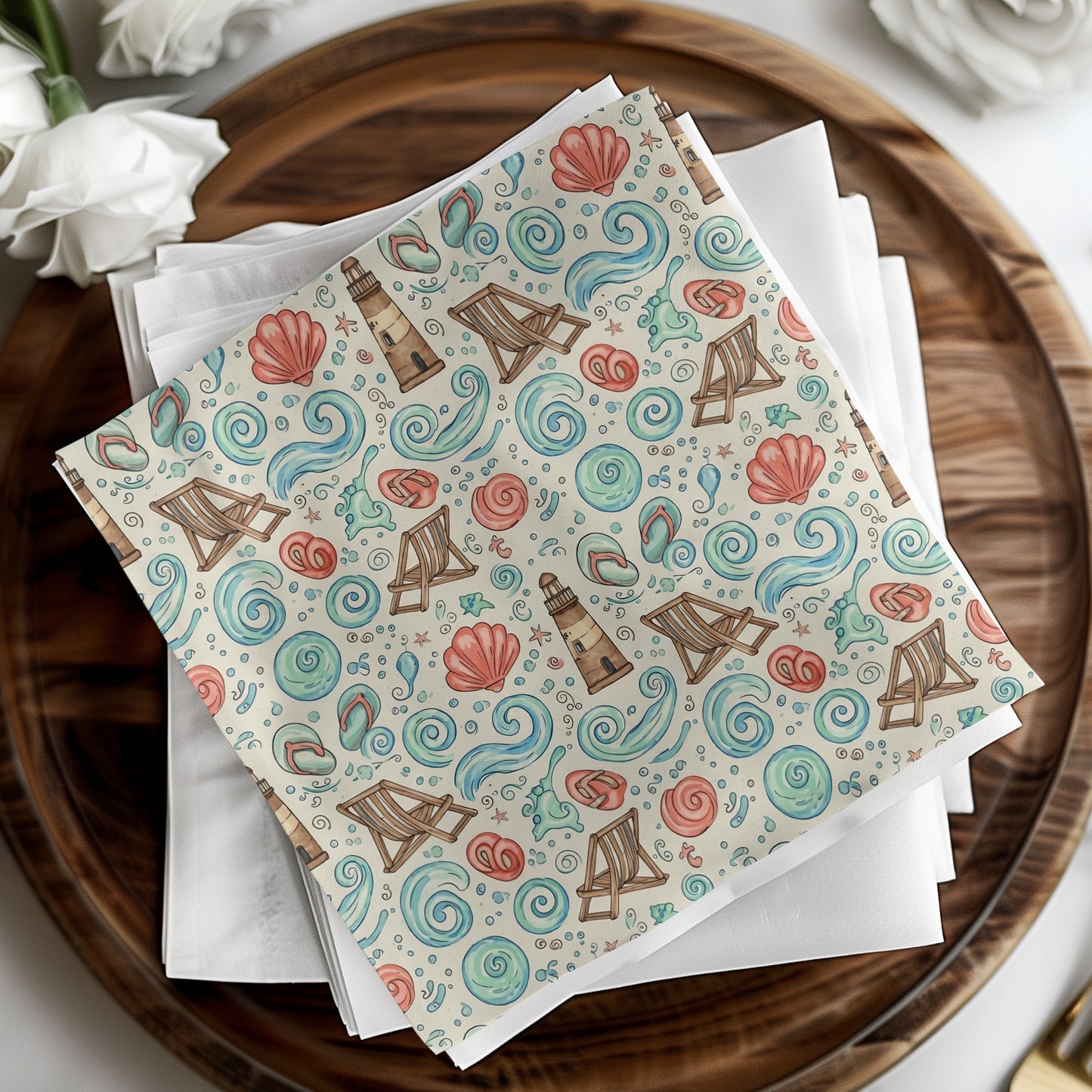 Eiffel Tower and Sea Shells Themed Decorative Napkins
