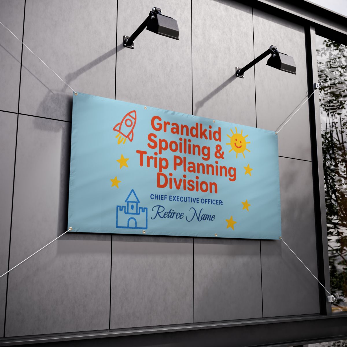 Grandkid Spoiling Trip Planning Retiree Name Large Vinyl Banner or Yard Sign - Retiree Gifts Retirement Party