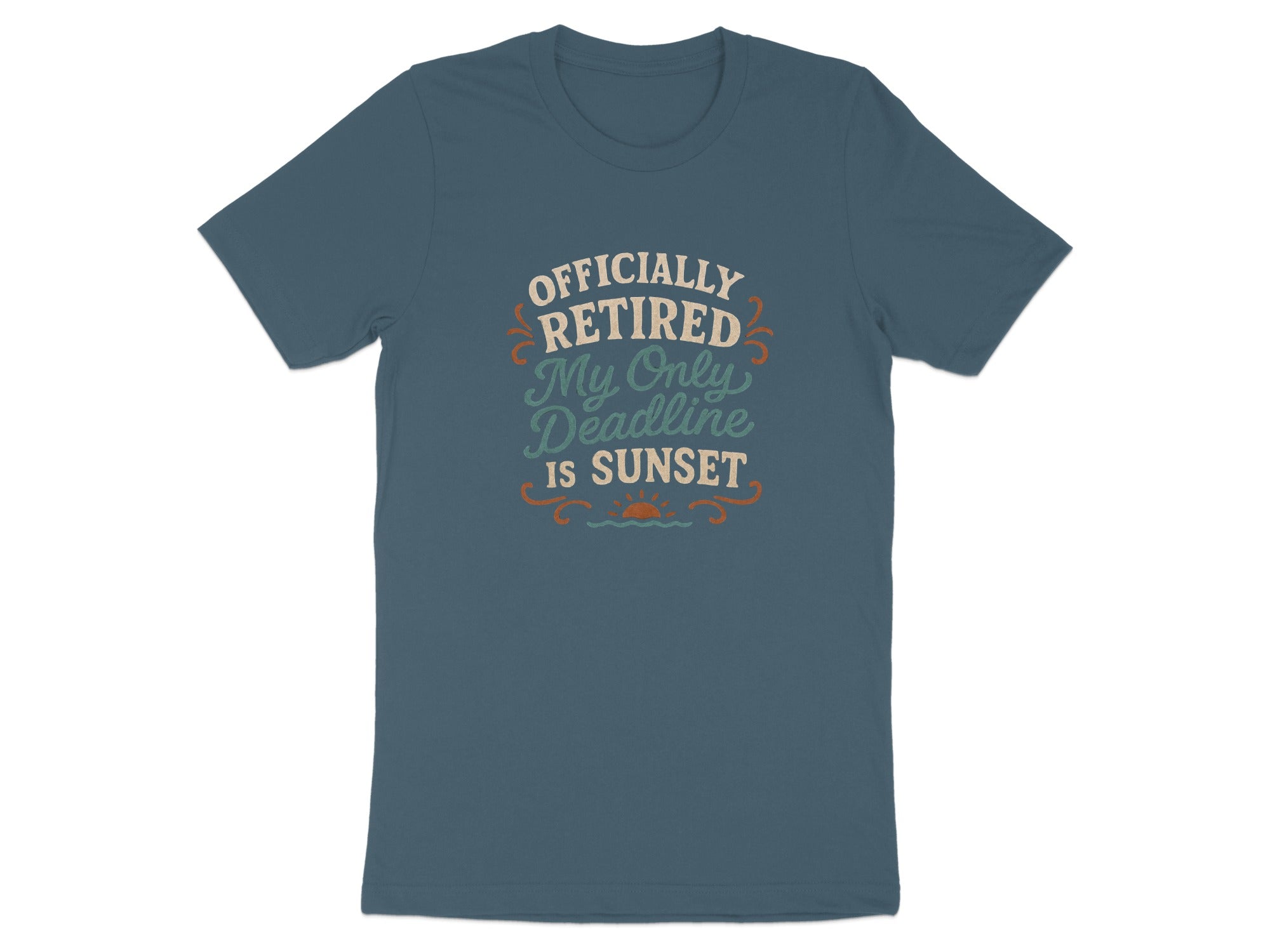 Officially Retired My Only Deadline Is Sunset | Dark Heaterh Color Bella T-Shirts - Retiree Gifts Retirement Party