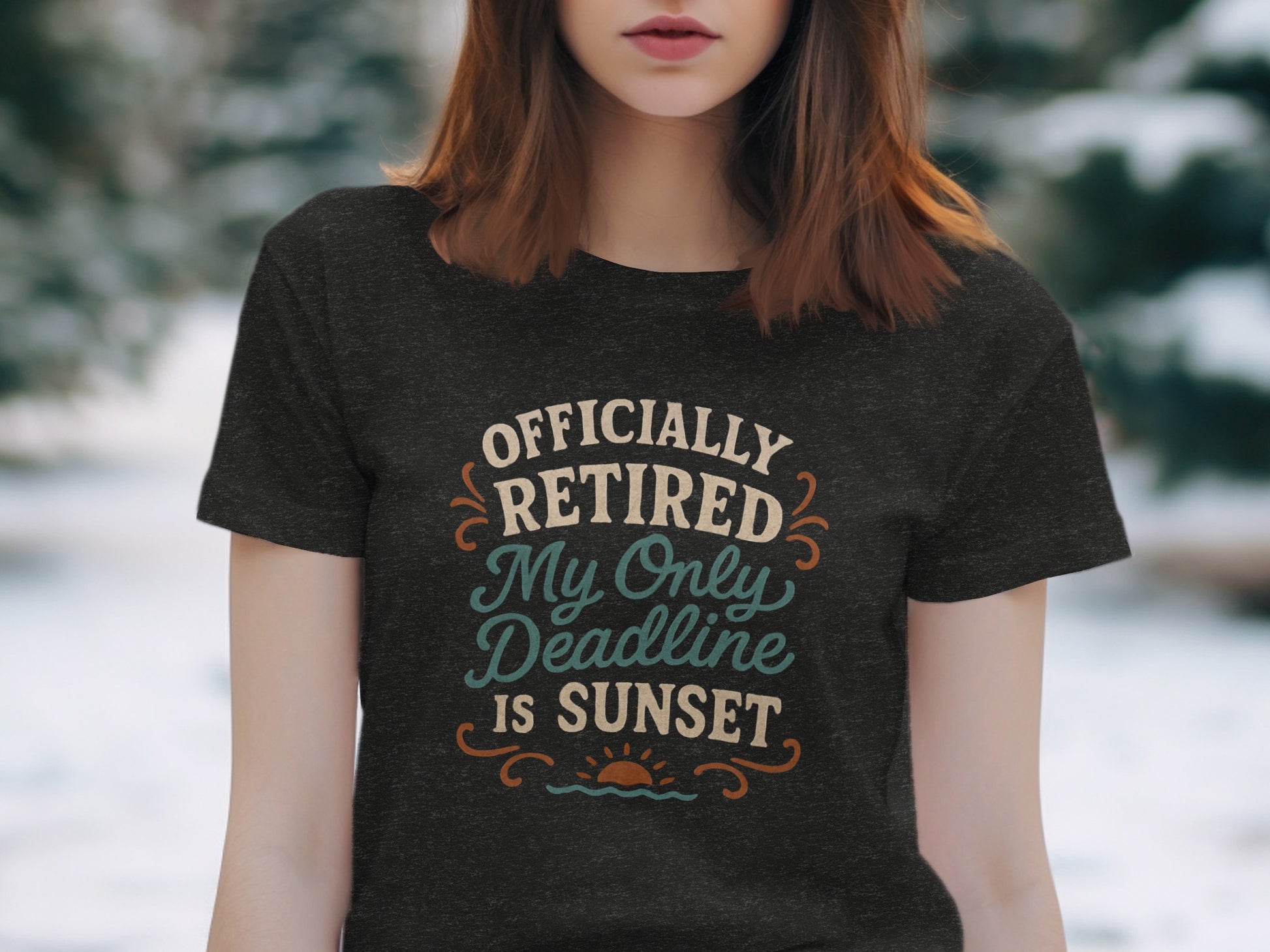 Officially Retired My Only Deadline Is Sunset | Dark Heaterh Color Bella T-Shirts - Retiree Gifts Retirement Party