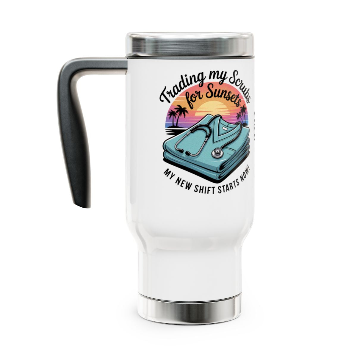 Personalized Retirement Travel Mug (Tumbler) – “Trading My Scrubs For Sunset Retiree” - Retiree Gifts Retirement Party