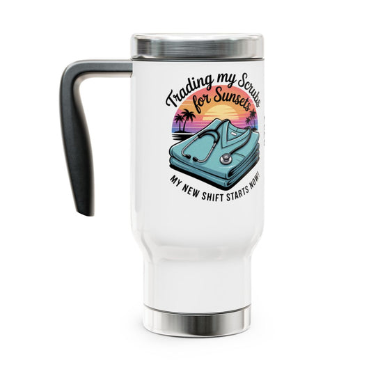 Personalized Retirement Travel Mug (Tumbler) – “Trading My Scrubs For Sunset Retiree” - Retiree Gifts Retirement Party