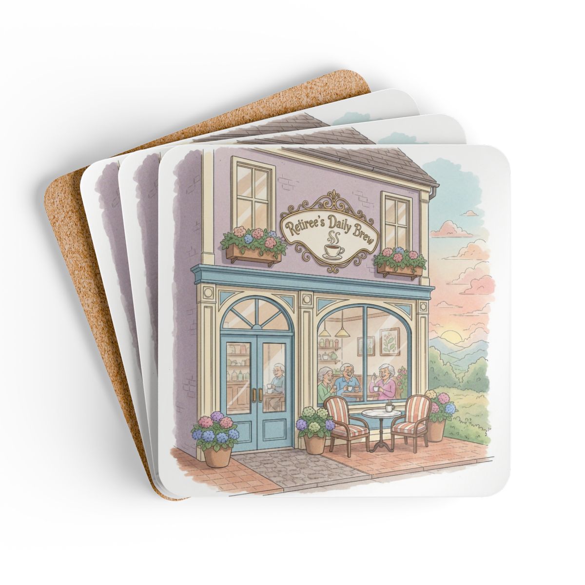 Cozy Cafe Scene with Retirees Square Coaster Product