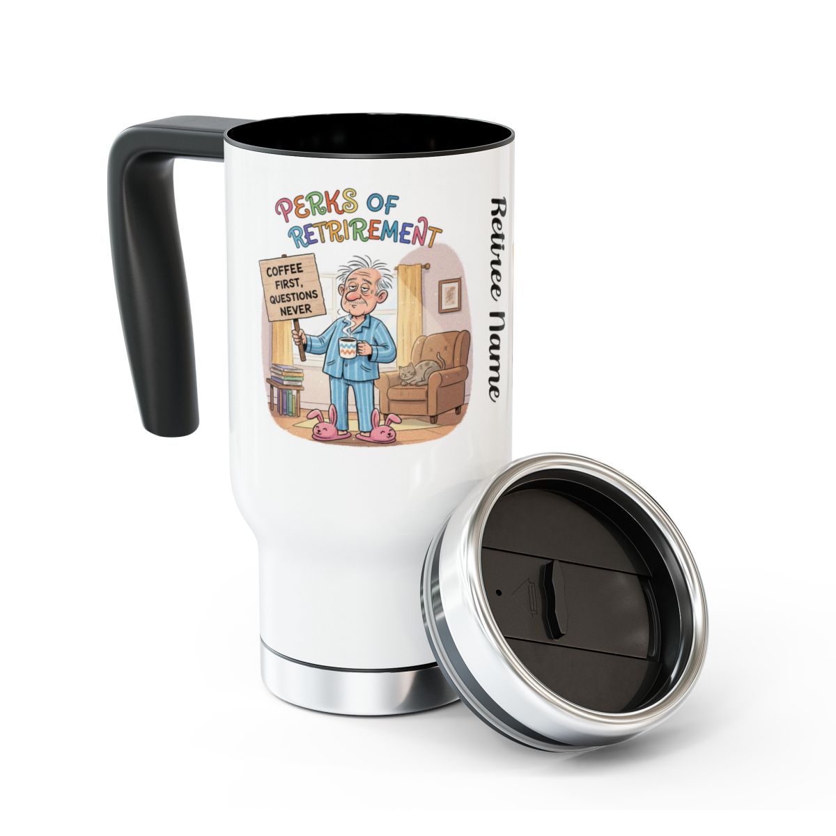 Perks of Retirement Travel Mug with Cartoon Print