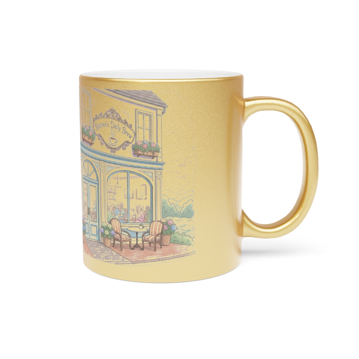Scenic Cafe Print on Golden Background Mug