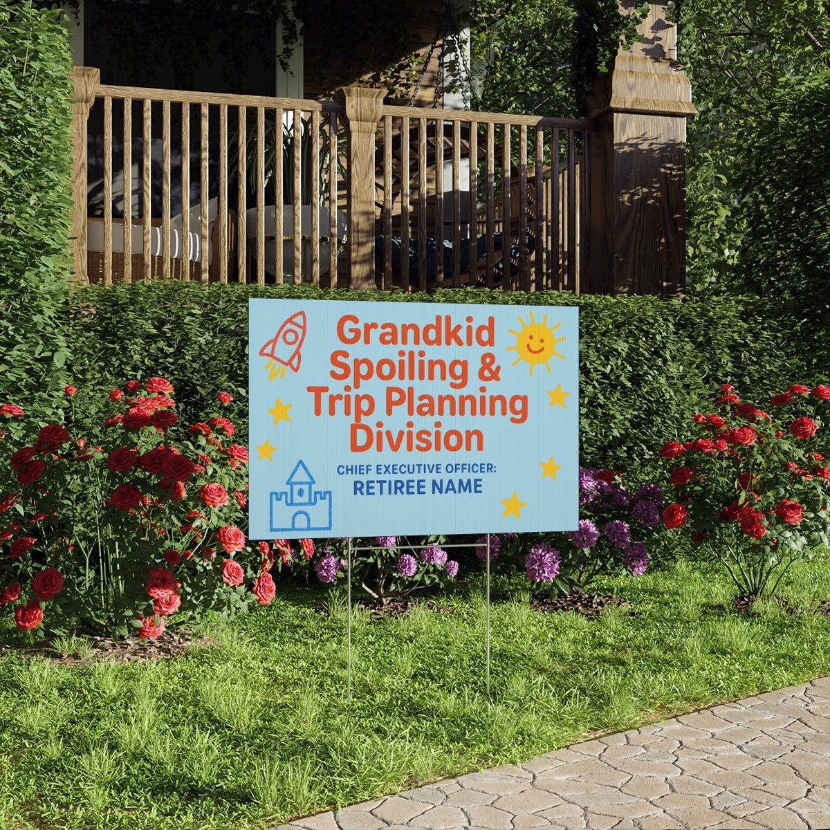 Grandkid Spoiling Trip Planning Retiree Name Large Vinyl Banner or Yard Sign - Retiree Gifts Retirement Party