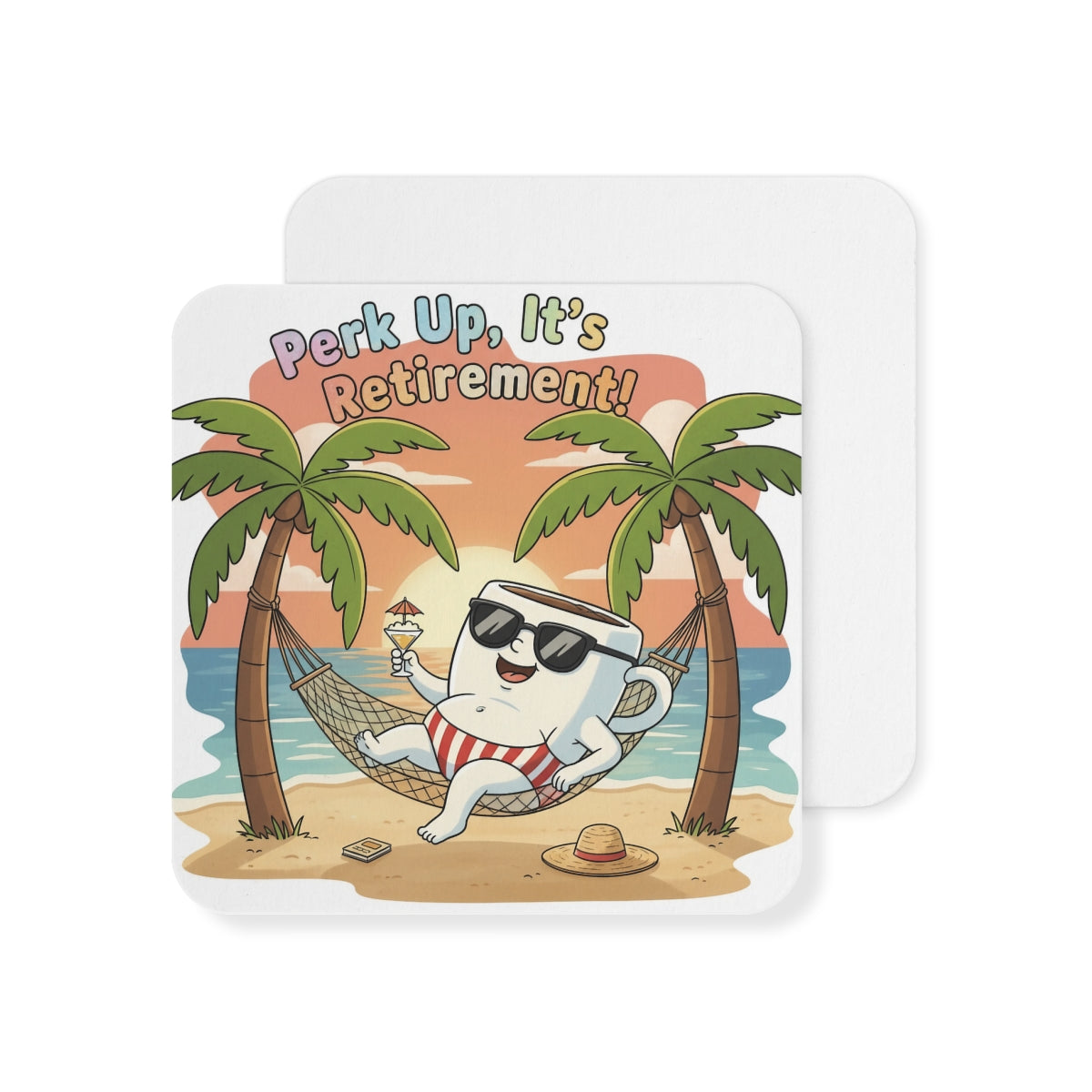 Retirement Coaster Set - Cartoon Coffee Cup With Sunglasses | Personalized Ceramic, Cork & Hardboard