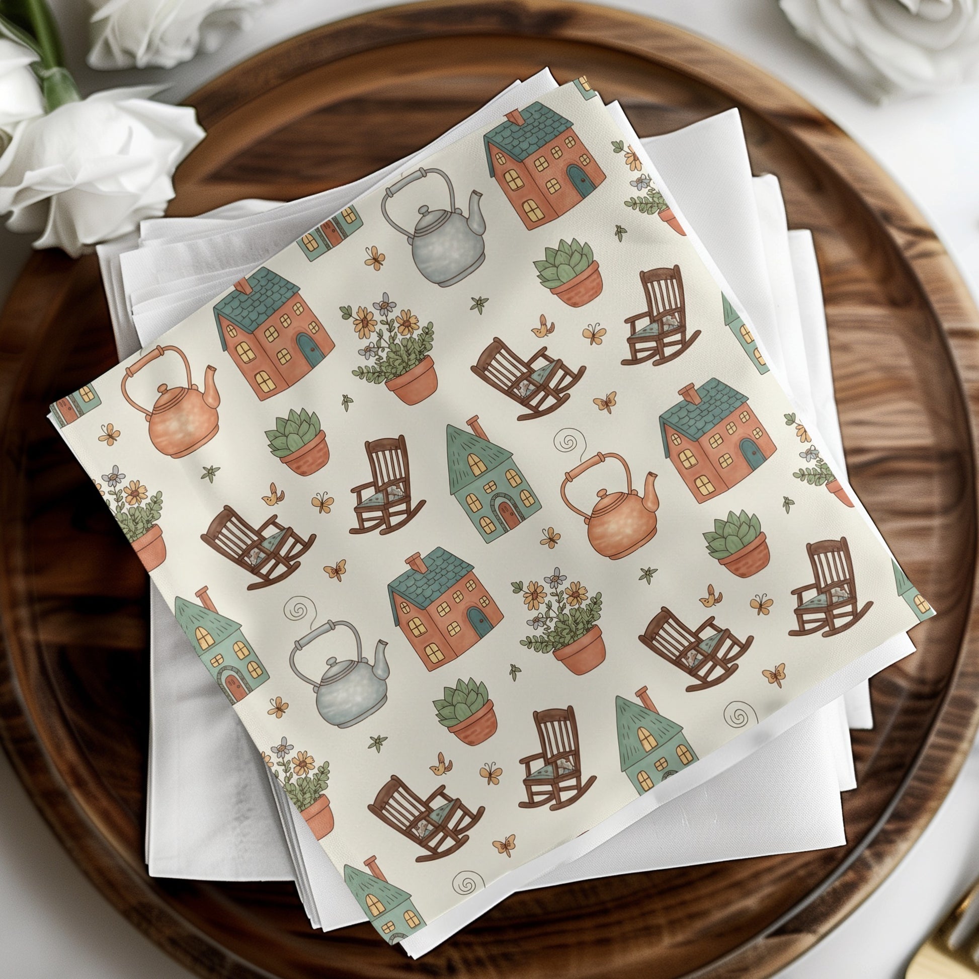 Whimsical Teapot and House Design Napkin Set