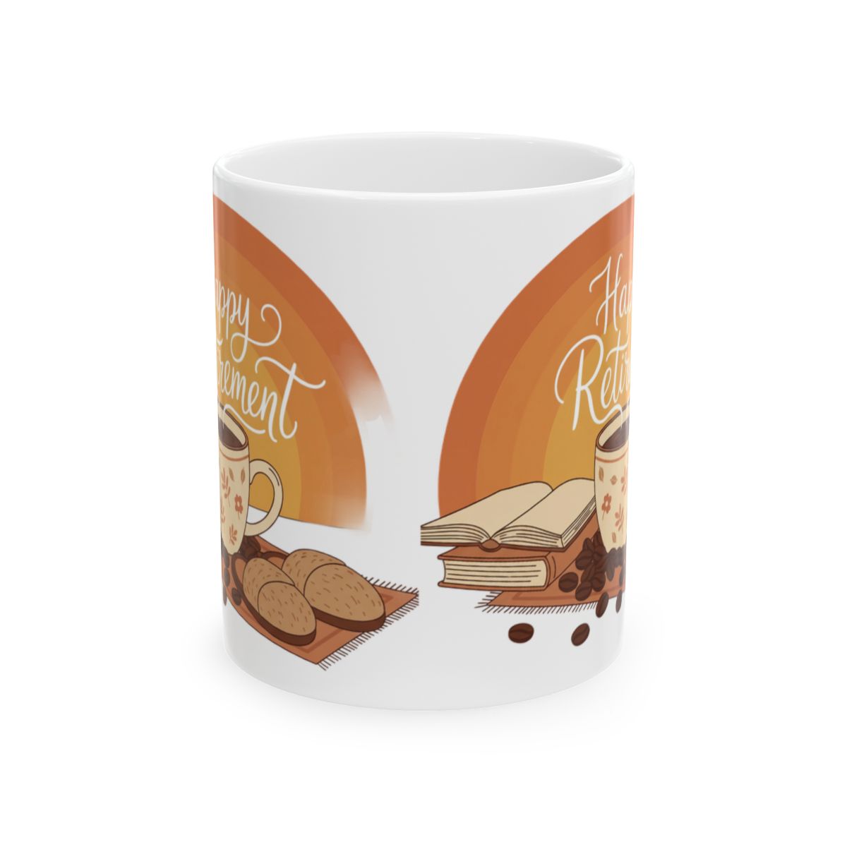 Happy Retirement Mug With Book And Coffee Design