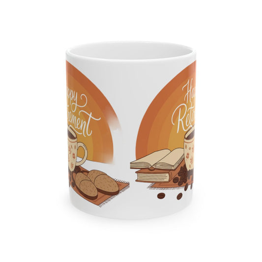 Happy Retirement Mug With Book And Coffee Design