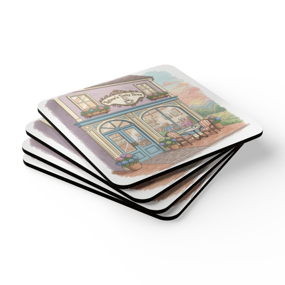 Charming illustrated cafe scene coasters set