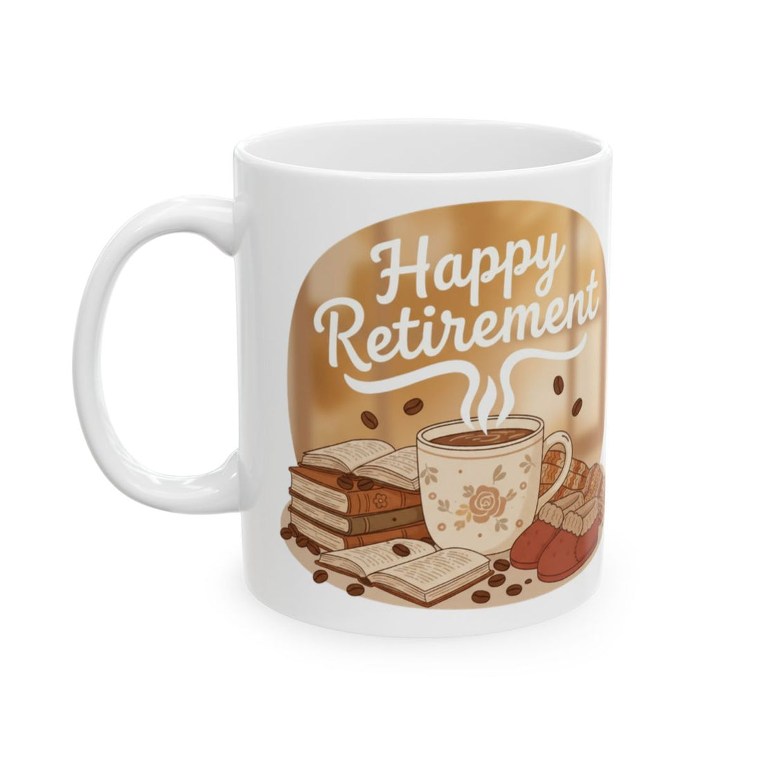 Happy Retirement Coffee Mug with Books and Coffee Design