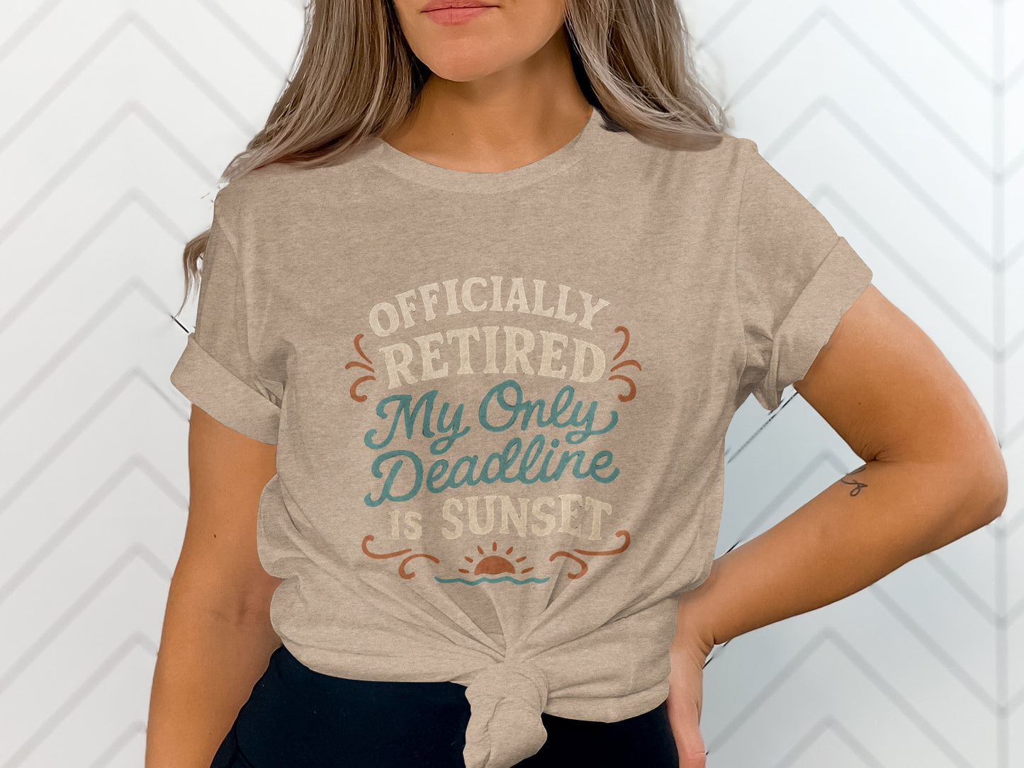 Officially Retired Deadline Sunset | Retirement Gifts | Soft Color Bella T-Shirts - Retiree Gifts Retirement Party