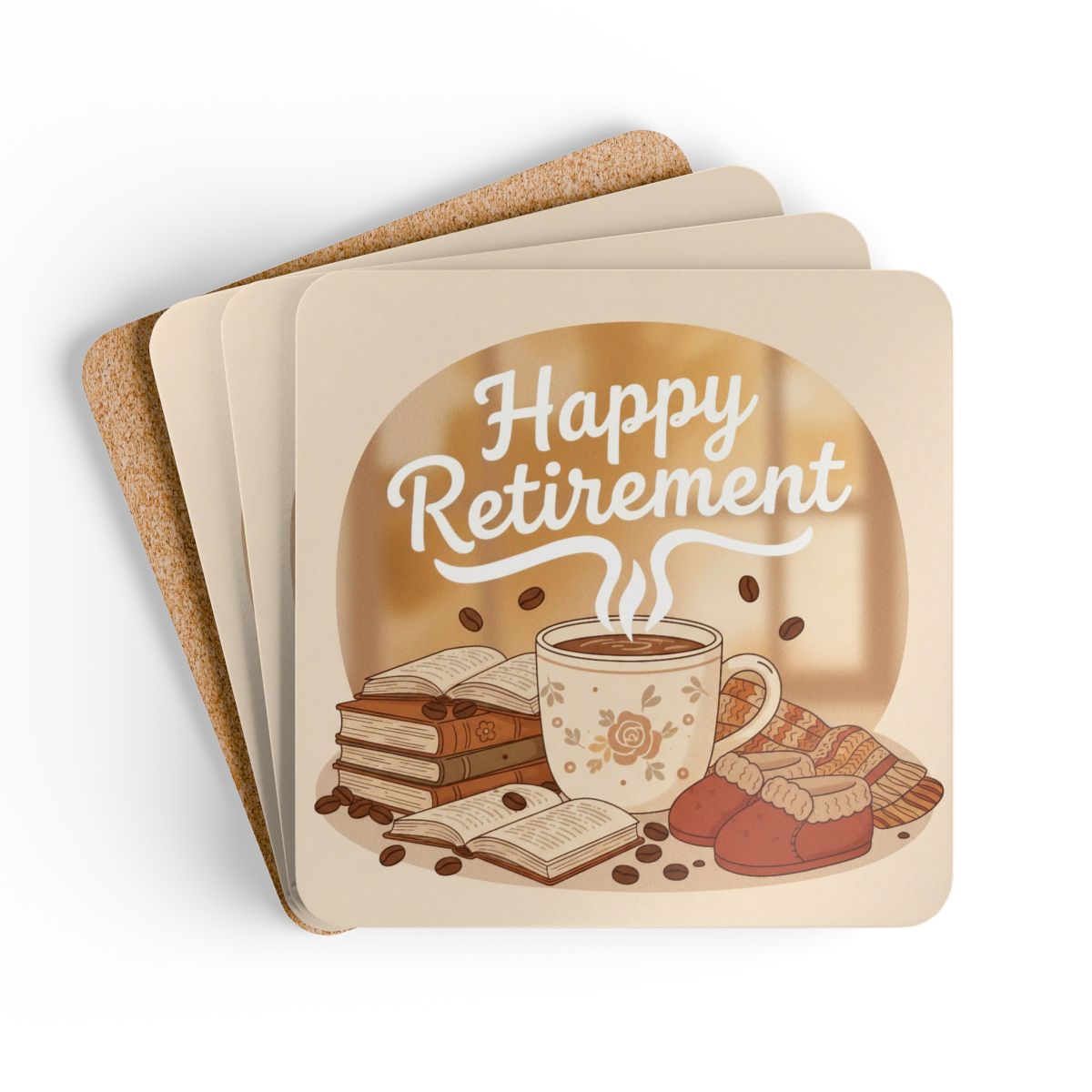 Cozy Happy Retirement Coffee and Books Coaster Set