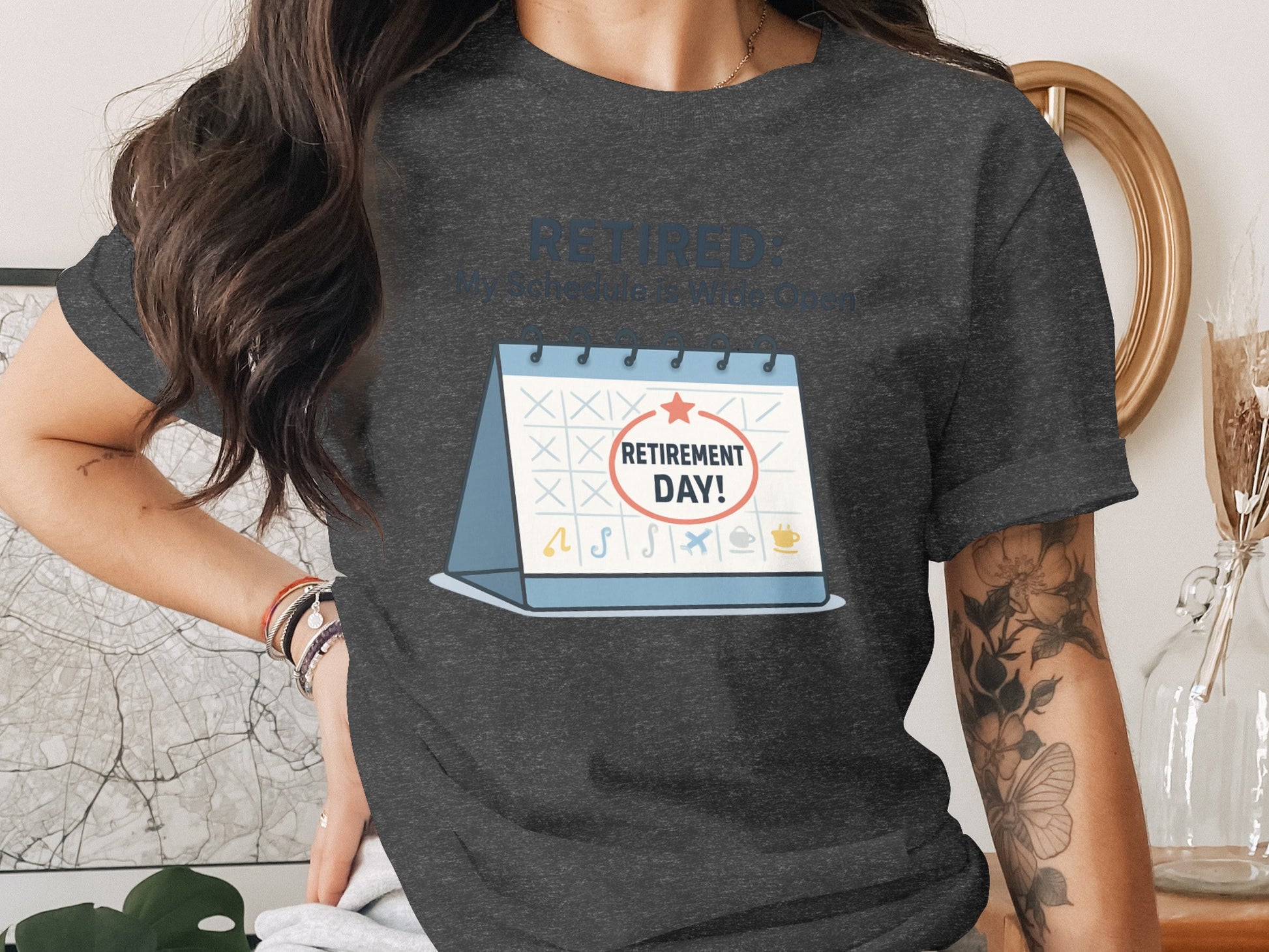 RETIRED: My Schedule is Wide Open | Dark Heaterh Color Bella T-Shirts - Retiree Gifts Retirement Party